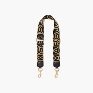 Black/Gold Marc Jacobs Outline Logo Webbing Strap | 84ILGROVA