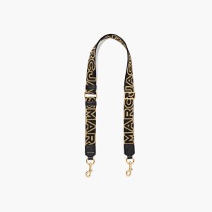 Black/Gold Marc Jacobs Thin Outline Logo Webbing Strap | 96GQNMSEF